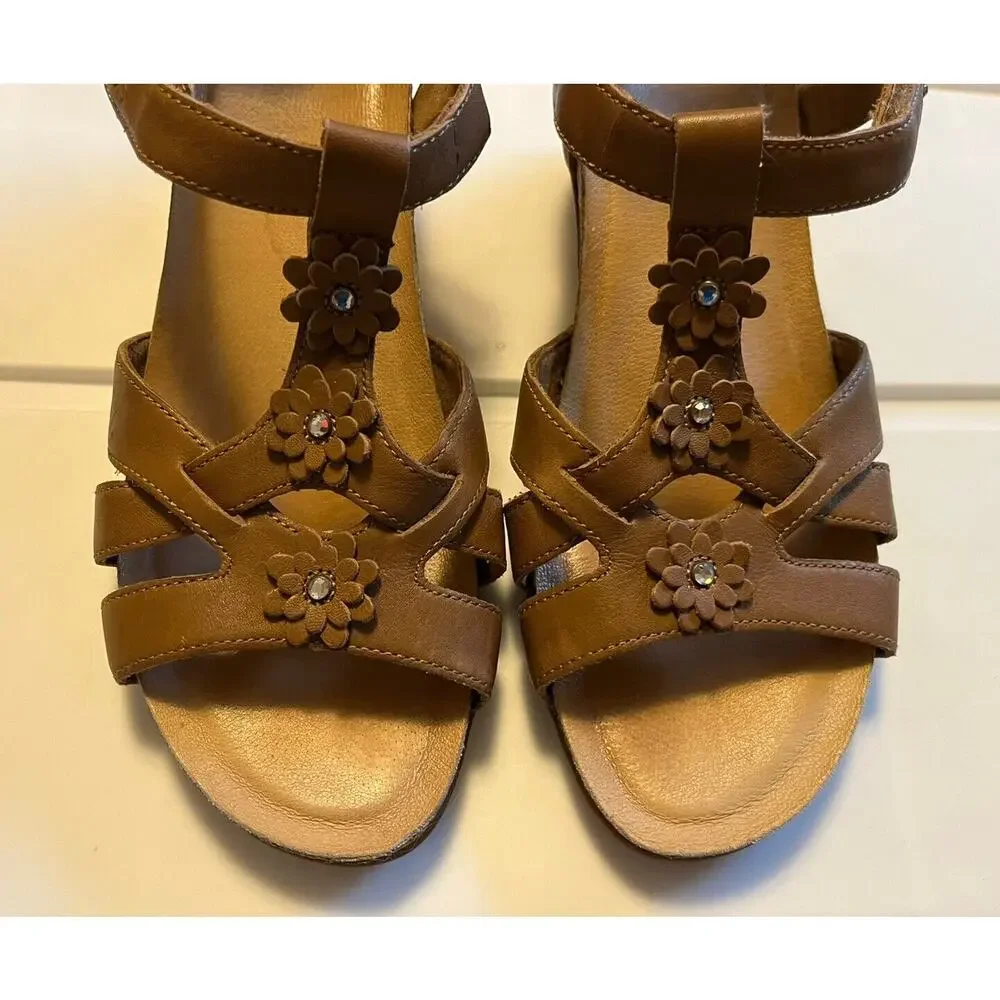 Taos Passion Flowers Leather Cork Wedge Sandals In Brown Womens Size 10 T-strap - Picture 6 of 14